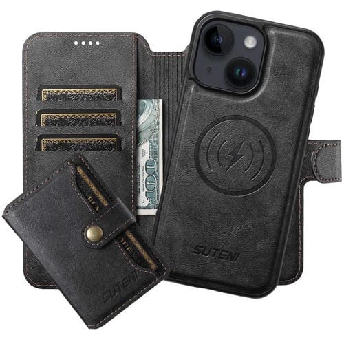 Funda de cuero Suteni Q05S1 3 en 1 con función de billetera desmontable y MagSafe para iPhone 14 (negra)