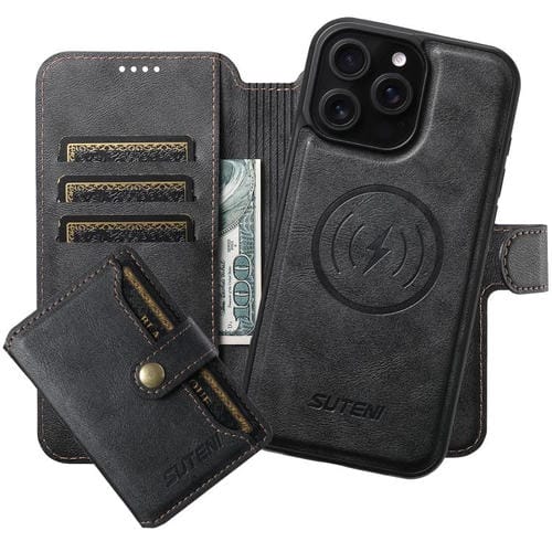 Funda de cuero Suteni Q05S1 3 en 1 con función de billetera desmontable y MagSafe para iPhone 15 Pro Max (negra)