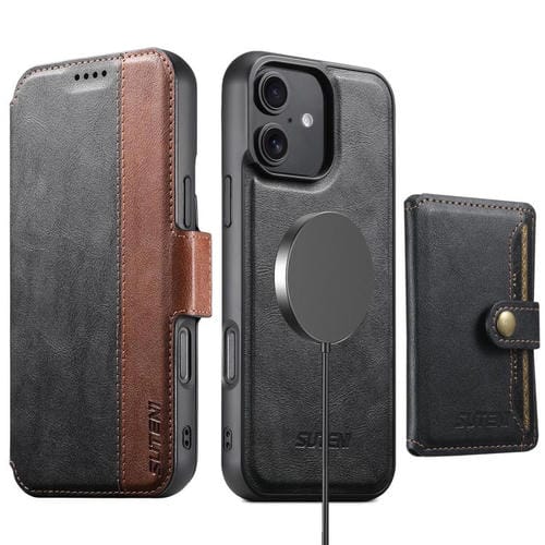 Funda de cuero Suteni Q07S1 3 en 1 con cierre magnético y billetera desmontable para iPhone 16 Plus (negro)