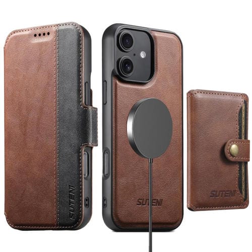 Funda de cuero Suteni Q07S1 3 en 1 con cierre magnético y billetera desmontable para iPhone 16 (marrón)