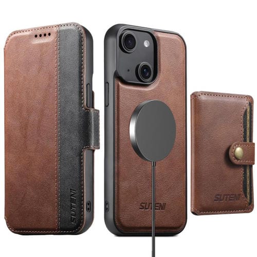 Funda de cuero Suteni Q07S1 3 en 1 con cierre magnético y billetera desmontable para iPhone 15 (marrón)
