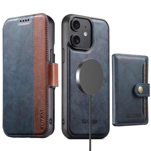 Funda de cuero Suteni Q07S1 3 en 1 con cierre magnético y billetera desmontable para iPhone 12 (azul)