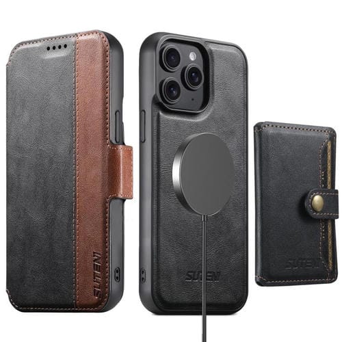 Funda de cuero Suteni Q07S1 3 en 1 con cierre magnético y billetera desmontable para iPhone 12 Pro Max (negro)