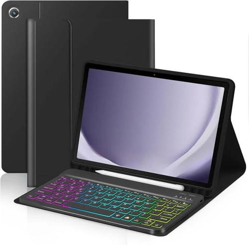 Funda protectora de cuero con teclado Bluetooth retroiluminado de colores para iPad 10.2 (2021/2022) (Negro Premium)