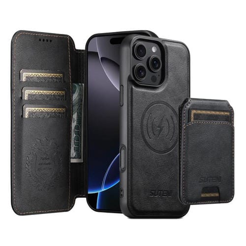 Funda de cuero Suteni Q05S2 3 en 1 con tapa vertical desmontable y función MagSafe para iPhone 16 Pro (negra)