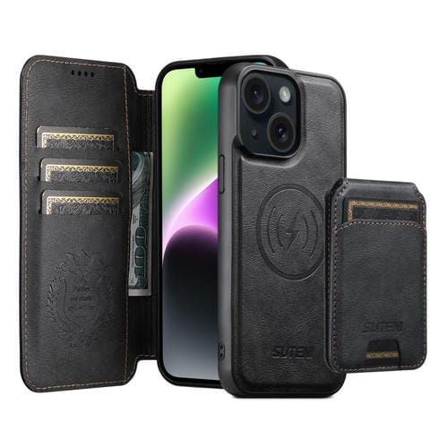 Funda de cuero Suteni Q05S2 3 en 1 con tapa vertical desmontable y función de cierre magnético para iPhone 14 Plus (negro)