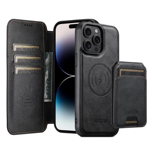 Funda de cuero Suteni Q05S2 3 en 1 con tapa vertical desmontable y función de cierre magnético para iPhone 14 Pro Max (negro)