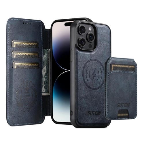 Funda de cuero Suteni Q05S2 3 en 1 con tapa vertical desmontable y función de cierre magnético para iPhone 14 Pro Max (azul)