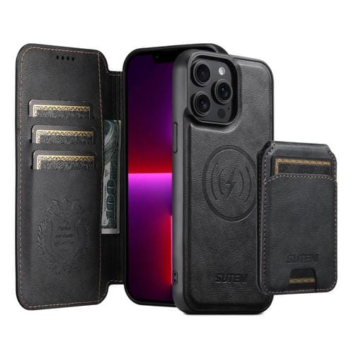 Funda de cuero Suteni Q05S2 3 en 1 con tapa vertical desmontable y función de cierre magnético para iPhone 13 Pro (negro)
