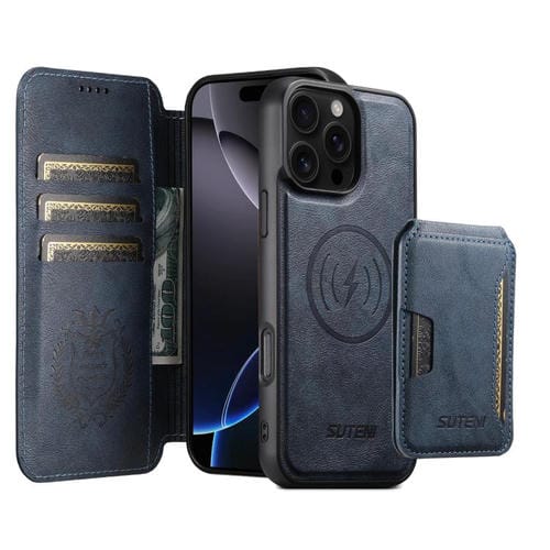 Funda de cuero Suteni Q05S3 3 en 1 con tapa vertical desmontable y función de cierre magnético para iPhone 16 Pro (azul)