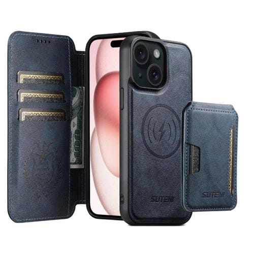 Funda de cuero Suteni Q05S3 3 en 1 con tapa vertical desmontable y función MagSafe para iPhone 15 (azul)