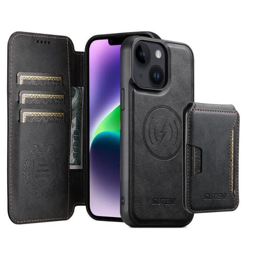Funda de cuero Suteni Q05S3 3 en 1 con tapa vertical desmontable y función de cierre magnético para iPhone 14 Plus (negro)