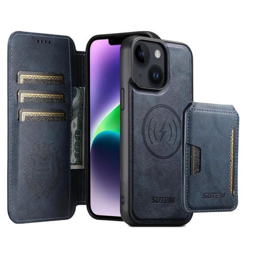 Funda de cuero Suteni Q05S3 3 en 1 con tapa vertical desmontable y función de cierre magnético para iPhone 14 Plus (azul)