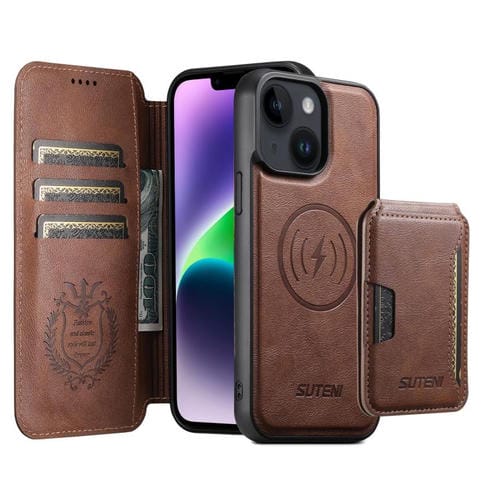 Funda de cuero Suteni Q05S3 3 en 1 con tapa vertical desmontable y función MagSafe para iPhone 14 (marrón)