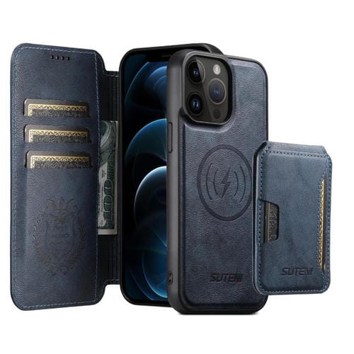 Funda de cuero Suteni Q05S3 3 en 1 con tapa vertical desmontable y función de cierre magnético para iPhone 12 Pro Max (azul)