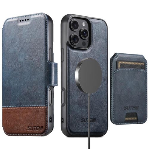 Funda de cuero Suteni Q06S2 3 en 1 con tapa vertical desmontable y cierre MagSafe para iPhone 16 Pro Max (azul)