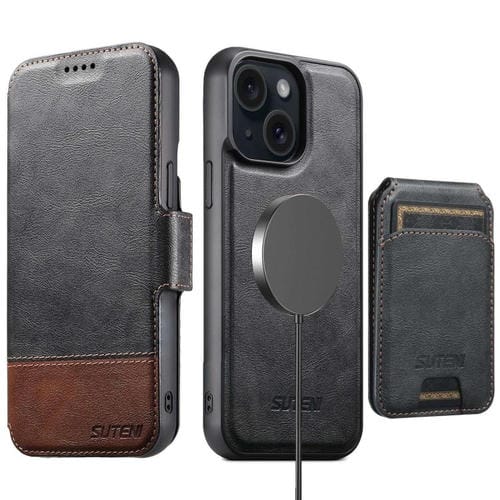 Funda de cuero Suteni Q06S2 3 en 1 con tapa vertical desmontable y cierre MagSafe para iPhone 15 (negra)
