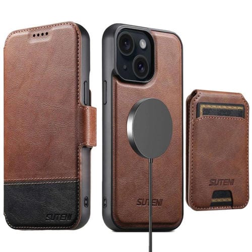 Funda de cuero Suteni Q06S2 3 en 1 con tapa vertical desmontable y cierre MagSafe para iPhone 15 (marrón)