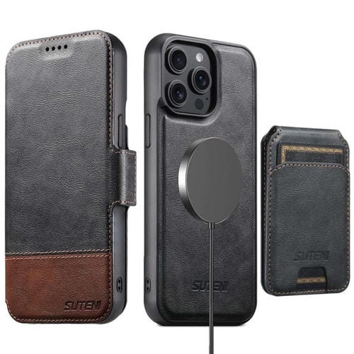 Funda de cuero Suteni Q06S2 3 en 1 con tapa vertical desmontable y cierre MagSafe para iPhone 13 Pro (negra)