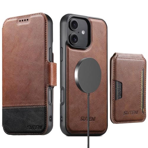 Funda de cuero Suteni Q06S3 3 en 1 con tapa vertical desmontable y cierre magnético para iPhone 16 Plus (marrón)