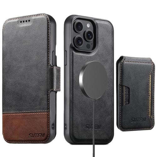 Funda de cuero Suteni Q06S3 3 en 1 con tapa vertical desmontable y cierre magnético para iPhone 13 Pro (negro)