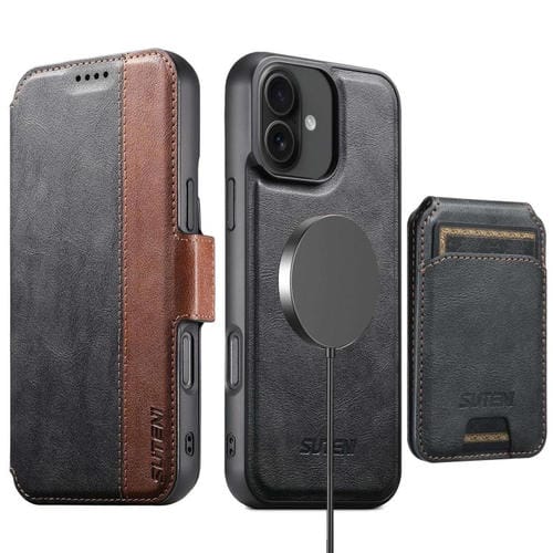 Funda de cuero Suteni Q07S2 3 en 1 con tapa vertical desmontable y cierre MagSafe para iPhone 16 Plus (negra)