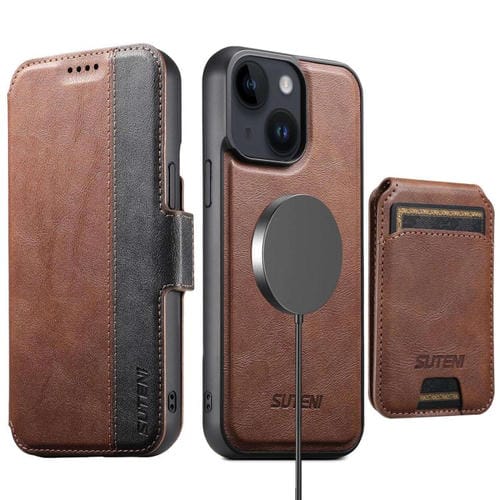 Funda de cuero Suteni Q07S2 3 en 1 con tapa vertical desmontable y cierre MagSafe para iPhone 14 Plus (marrón)