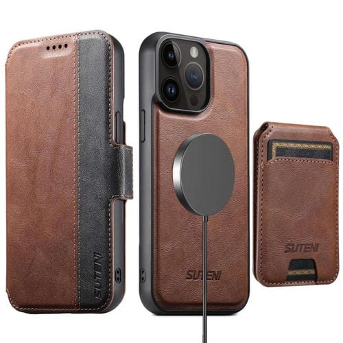 Funda de cuero Suteni Q07S2 3 en 1 con tapa vertical desmontable y cierre MagSafe para iPhone 13 Pro (marrón)