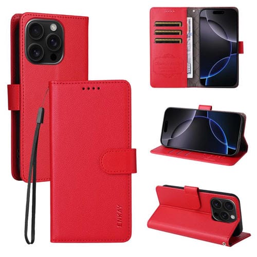 ENKAY - Funda de piel con textura de lichi y función atril para iPhone 16 Pro Max (color rojo)