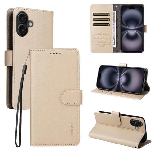 ENKAY - Funda de piel con textura de lichi y bloqueo RFID para iPhone 16 (beige)