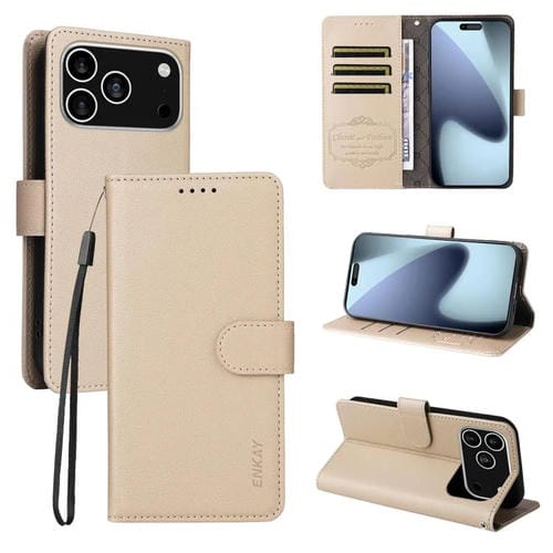 ENKAY - Funda de piel con textura de lichi y bloqueo RFID para iPhone 16e (beige)