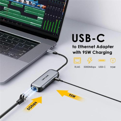 Adaptador USB-C a Ethernet RJ45 WAVLINK NWU340GD 5 Gbps con puerto de carga 95 W
