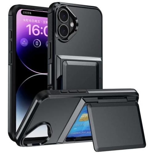Funda abatible para iPhone 16 Plus con tarjetero, a prueba de golpes, color negro