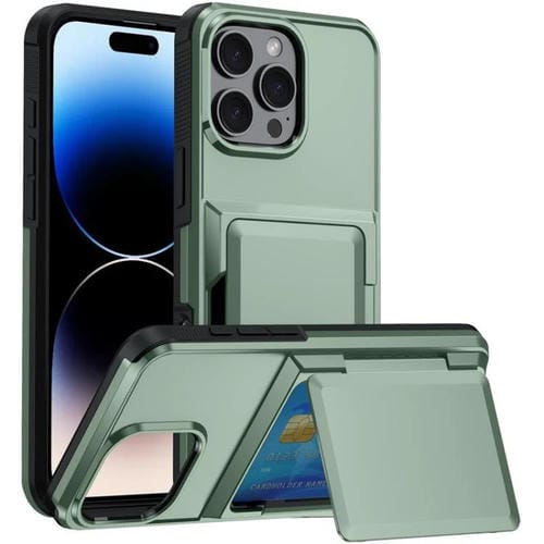 Funda a prueba de golpes con tarjetero y tapa Kalebol para iPhone 14 Pro Max (verde militar)