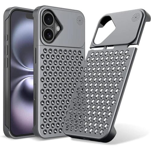 Funda refrescante de aleación de aluminio Kalebol para aromaterapia de iPhone 16 Plus (gris)