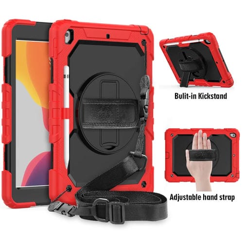Funda para iPad 10.2 Gel de Sílice a Prueba de Golpes con Soporte Correa y Ranura para Bolígrafo (Rojo)