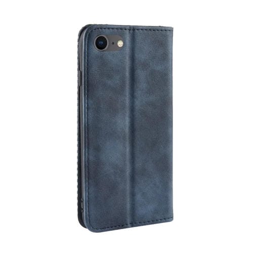 Funda de Cuero iPhone SE 2022 SE 2020 Hebilla Magnética Retro Textura Crazy Horse Tapa Horizontal Soporte Ranuras Tarjetas Marco Fotos (Azul)