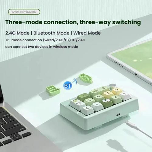 Teclado Mecánico para Juegos Mkespn W908 con Retroiluminación RGB Macrodefinida e Intercambiable en Caliente y Tres Modos Inalámbricos (Negro)