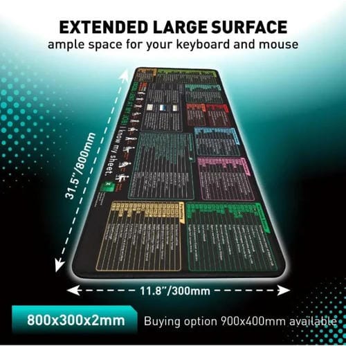 Alfombrilla de Escritorio Antideslizante con Acceso Directo al Teclado y Comandos de Ordenador 400x900x2 mm (N.° 9)