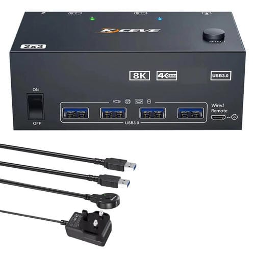 Conmutador KVM KCEVE KC-KVM204DH de 2 entradas y 4 salidas, 8K, 60 Hz, para 2 ordenadores y 4 monitores, con enchufe británico