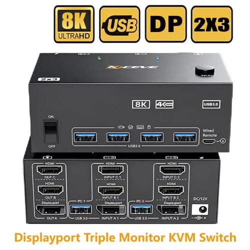 Conmutador KVM KCEVE KC-KVM204DH de 2 entradas y 4 salidas, 8K, 60 Hz, para 2 ordenadores y 4 monitores, con enchufe británico