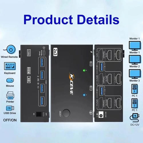 Conmutador KVM KCEVE KC-KVM204DH 2 entradas 4 salidas 8K 60 Hz para 2 ordenadores 4 monitores (Enchufe australiano)