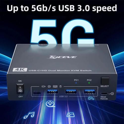 Conmutador KVM KVEVE KC-KVM202CH USB 3.0 con dos monitores, 4K, 60 Hz, enchufe estadounidense