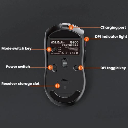 Ratón inalámbrico iMICE G900 para juegos, 6 teclas, 12800 DPI, recargable, de tres modos (negro)
