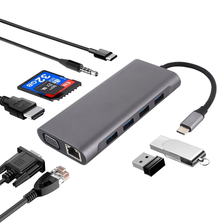 HUB 11 en 1 - USB-C, audio, LAN, HDMI, MDP, VGA, SD, Micro SD, 3x USB 3.0