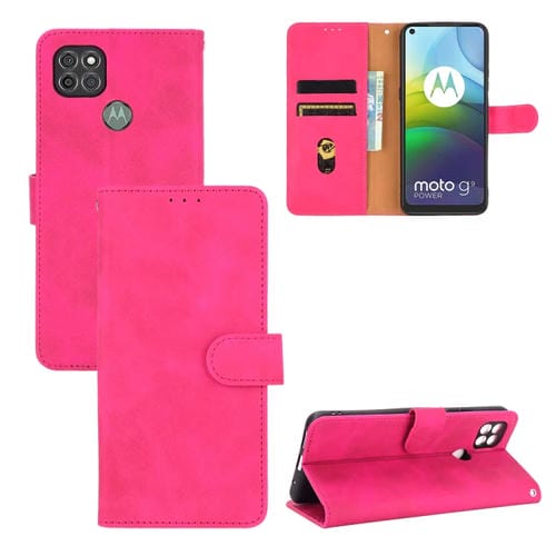 Para Motorola Moto G9 Power, color sólido, tacto de la piel, hebilla magnética, textura de becerro abatible horizontal, funda de cuero PU con soporte, ranuras para tarjetas y billetera (rosa rojo)