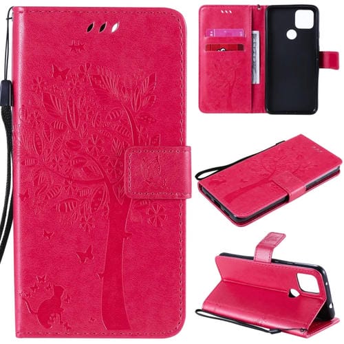 Para Google Pixel 4a 5G / Pixel 5 XL Árbol y gato Patrón en relieve Funda de cuero con tapa horizontal con soporte y ranuras para tarjetas y billetera y cordón (rosa roja)