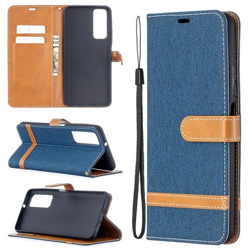 Para Huawei P Smart 2021 / Y7A Lite Color Matching Denim Texture Horizontal Flip Funda de cuero con soporte y tragamonedas y billetera y cordón (azul oscuro)