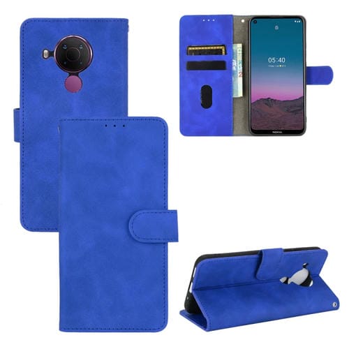 Para Nokia 5.4 Estuche de cuero PU con textura de piel de becerro abatible horizontal con hebilla magnética de color sólido con soporte, ranuras para tarjetas y billetera (azul)