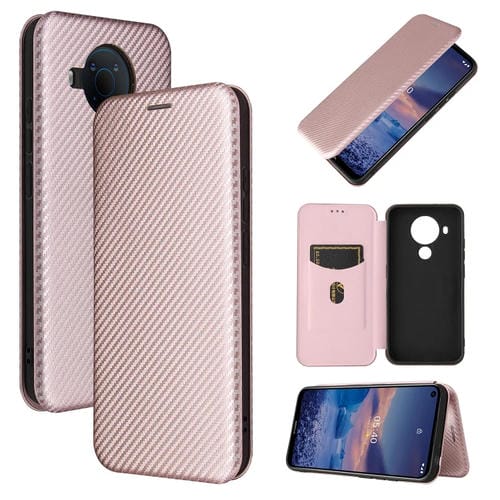Para Nokia 5.4 Carcasa de cuero con tapa magnética horizontal con textura de fibra de carbono TPU + PC + PU con ranura para tarjeta (rosa)
